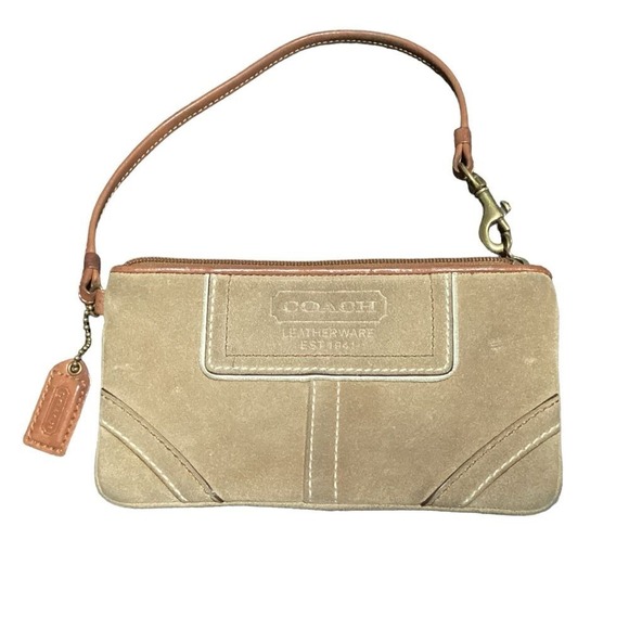 Coach Leather Suede Wristlet Clutch Small Handbag Beige Tan with Brown Trim‎ EUC - Picture 1 of 13